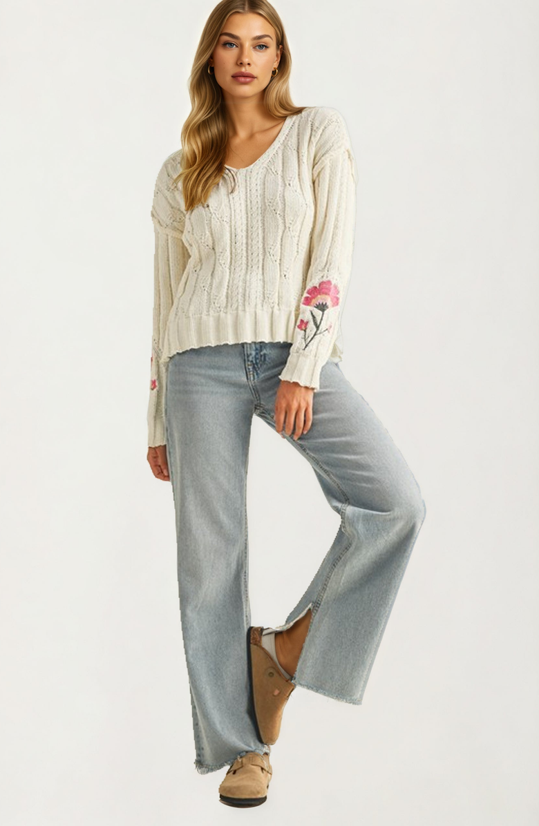 Knit and Lounge Floral Embroidered Cable Knit Sweater, Alternate, color, Ivory