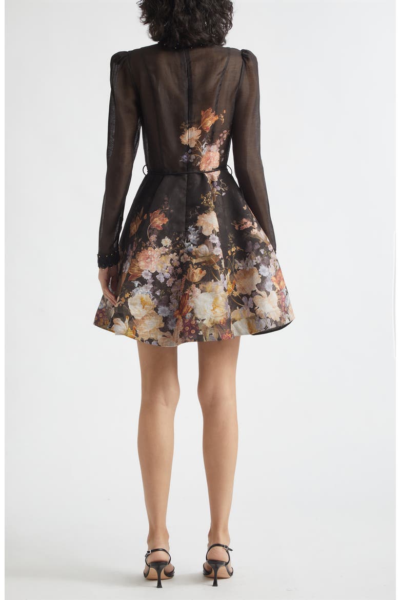 Valiant Embellished Floral Long Sleeve Linen & Silk Organza Dress, Alternate, color, BLACK FLORAL