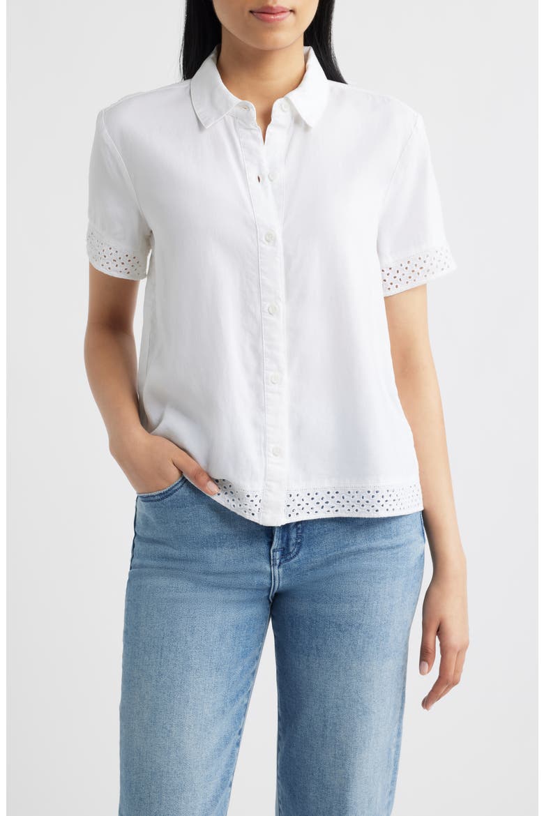 Lace Trim Short Sleeve Button-Up Shirt, Main, color, WHITE