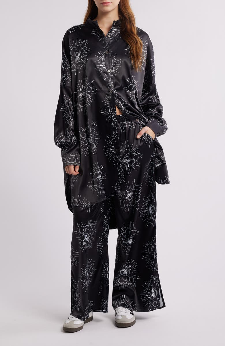 Dressed in Lala Lala Oversize Satin Button-Up Shirt & Wide Leg Pants Set, Main, color, 