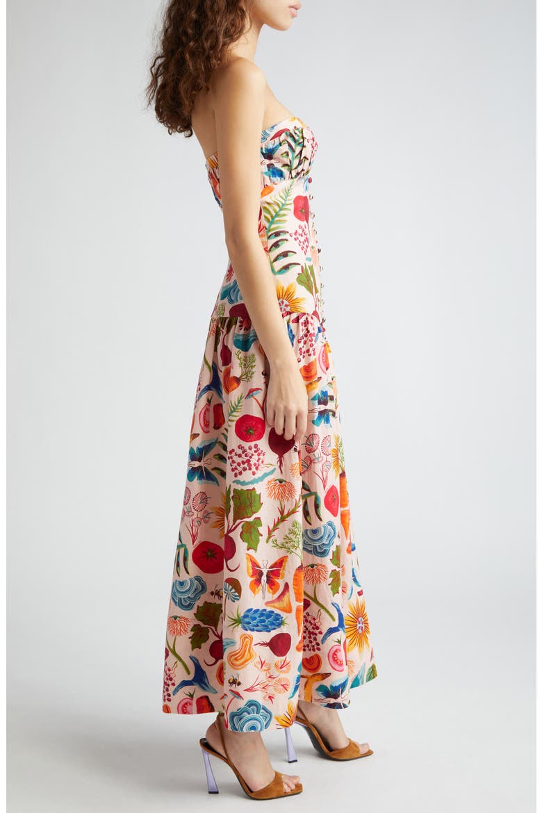 Bright Farm Print Strapless Linen Blend Maxi Dress, Alternate, color, BRIGHT FARM BEIGE