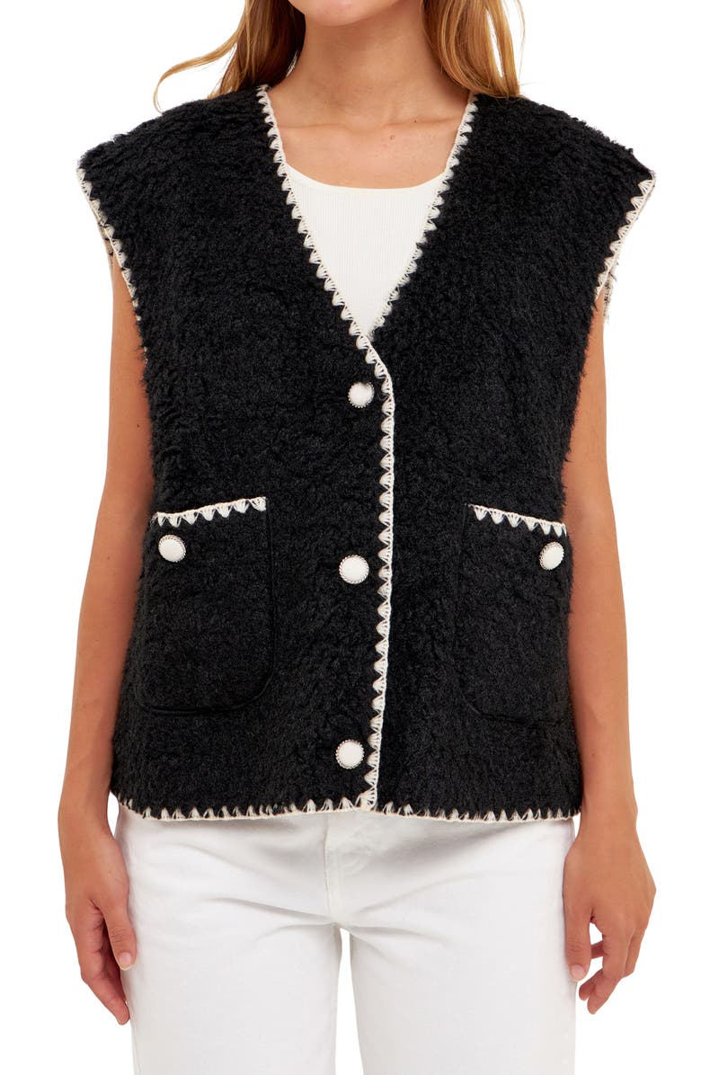 English Factory Premium Faux Shearling Vest, Main, color, Black