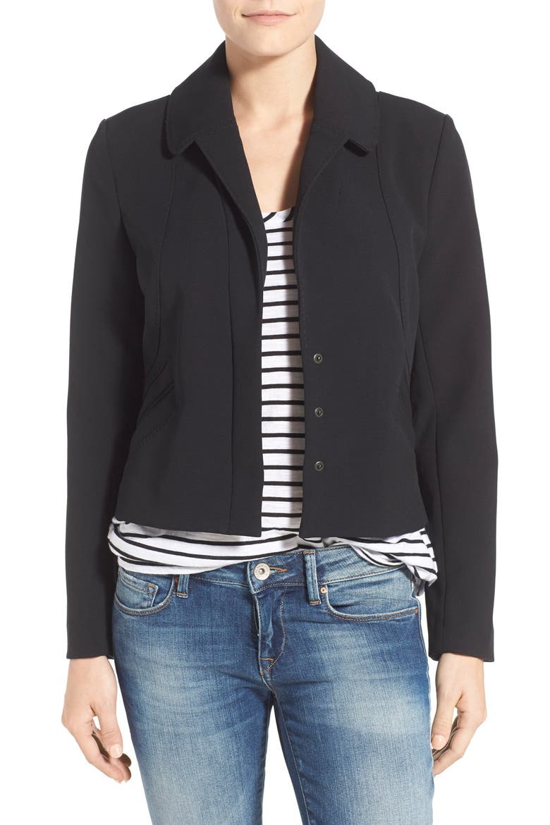 Pickstitch Detail Snap Front Jacket, Main, color, BLACK