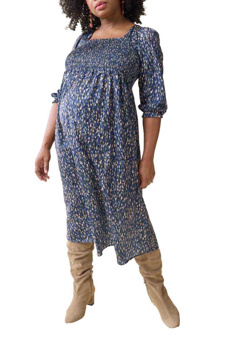 The Breeze Elbow Sleeve Sateen Maternity Dress, Main, color, BLUE MULTI BLUR DOT