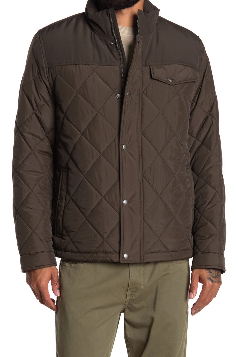 COLE HAAN Mixed Media Faux Shearling Lined Diamond Quilted Jacket, Main, color, OLIVE