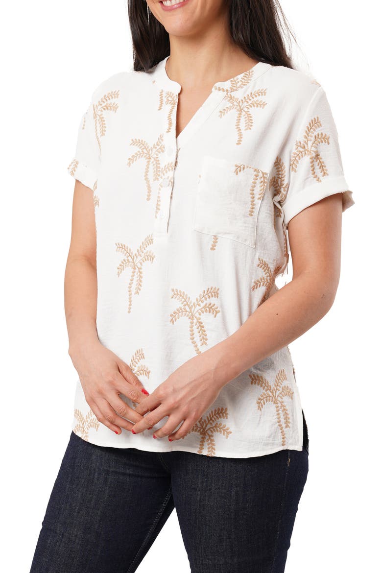 Palm Tree Embroidered Short Sleeve Button-Up Shirt, Main, color, WHITE / KHAKI
