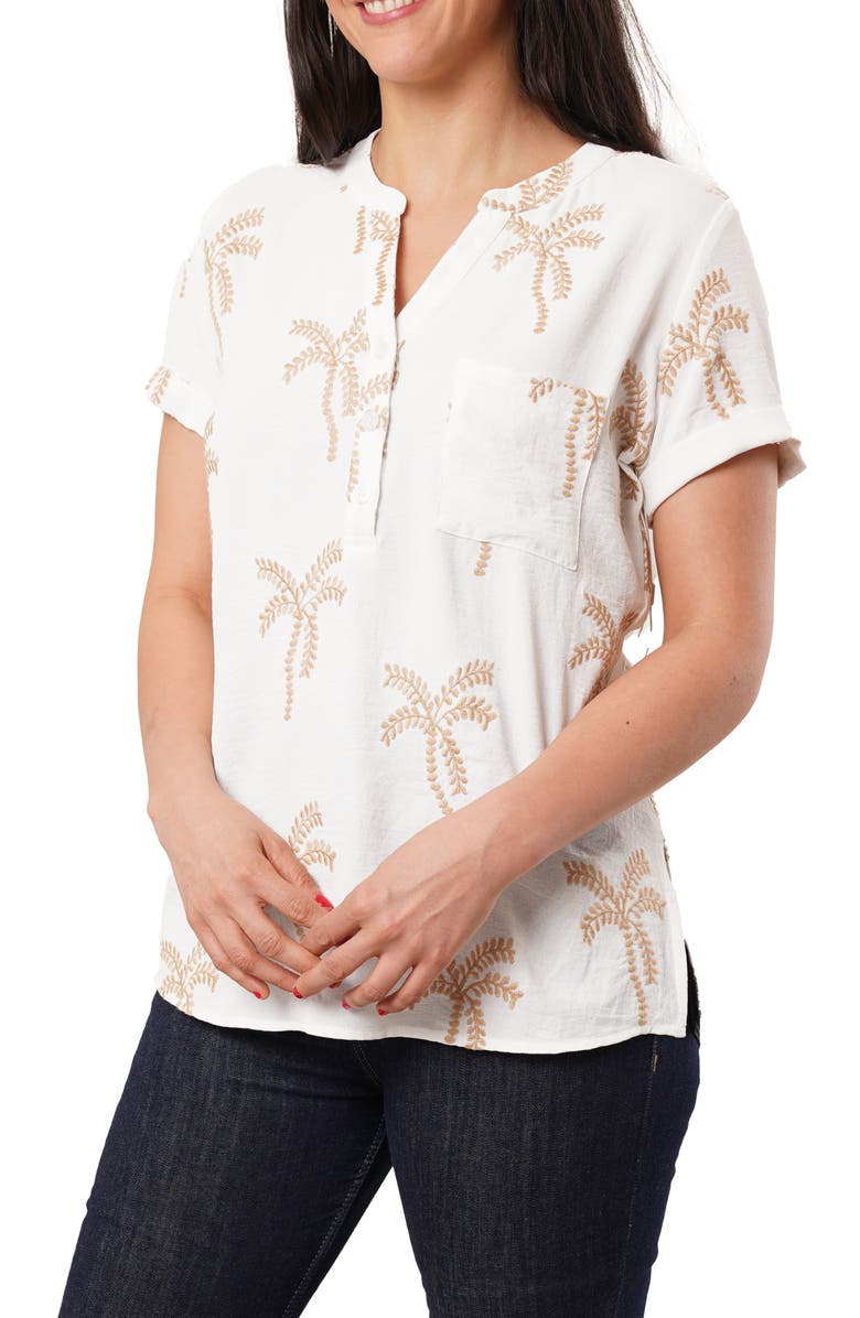 SUNNY LEIGH Palm Tree Embroidered Short Sleeve Button-Up Shirt, Main, color, White / Khaki