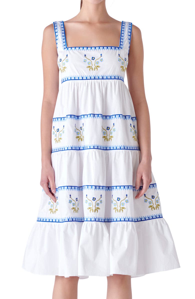 English Factory Embroidered Tiered Cotton Midi Dress, Alternate, color, 