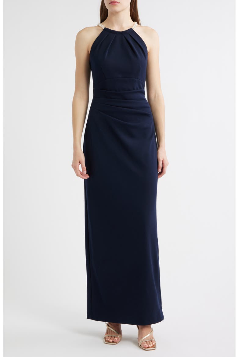 Faux Pearl Neckline Gown, Main, color, NAVY