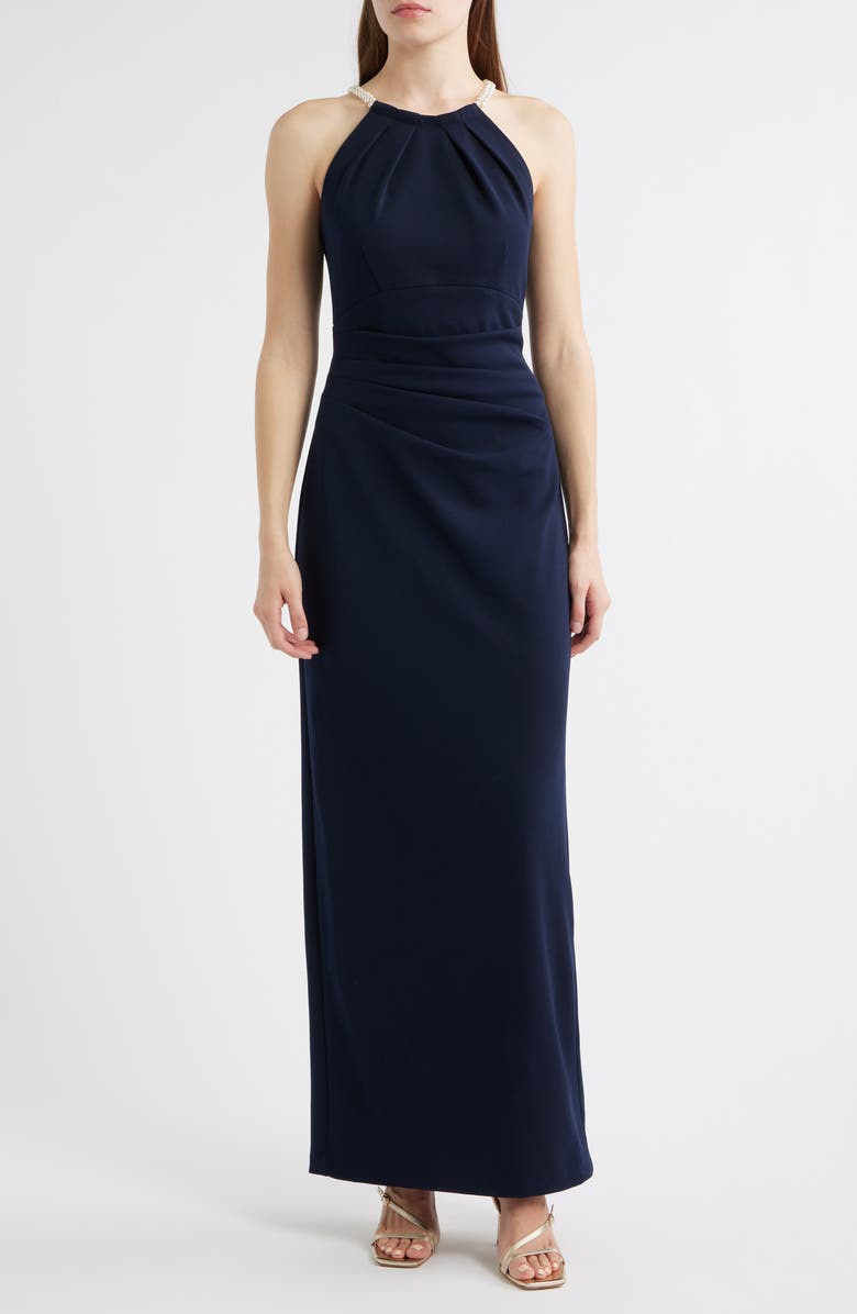 Eliza J Faux Pearl Neckline Gown, Main, color, Navy