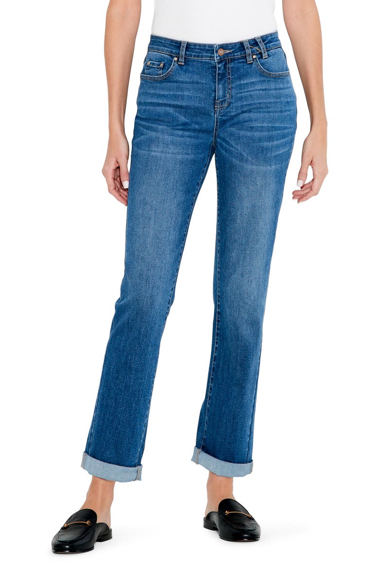 Cuffed High Waist Straight Leg Girlfriend Jeans, Main, color, ATLANTIC