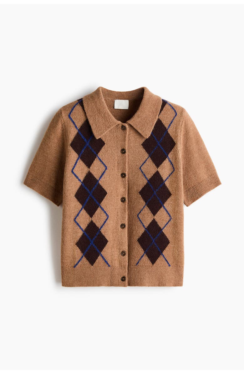 H&M Collared Cardigan, Main, color, Dark Beige/Argyle