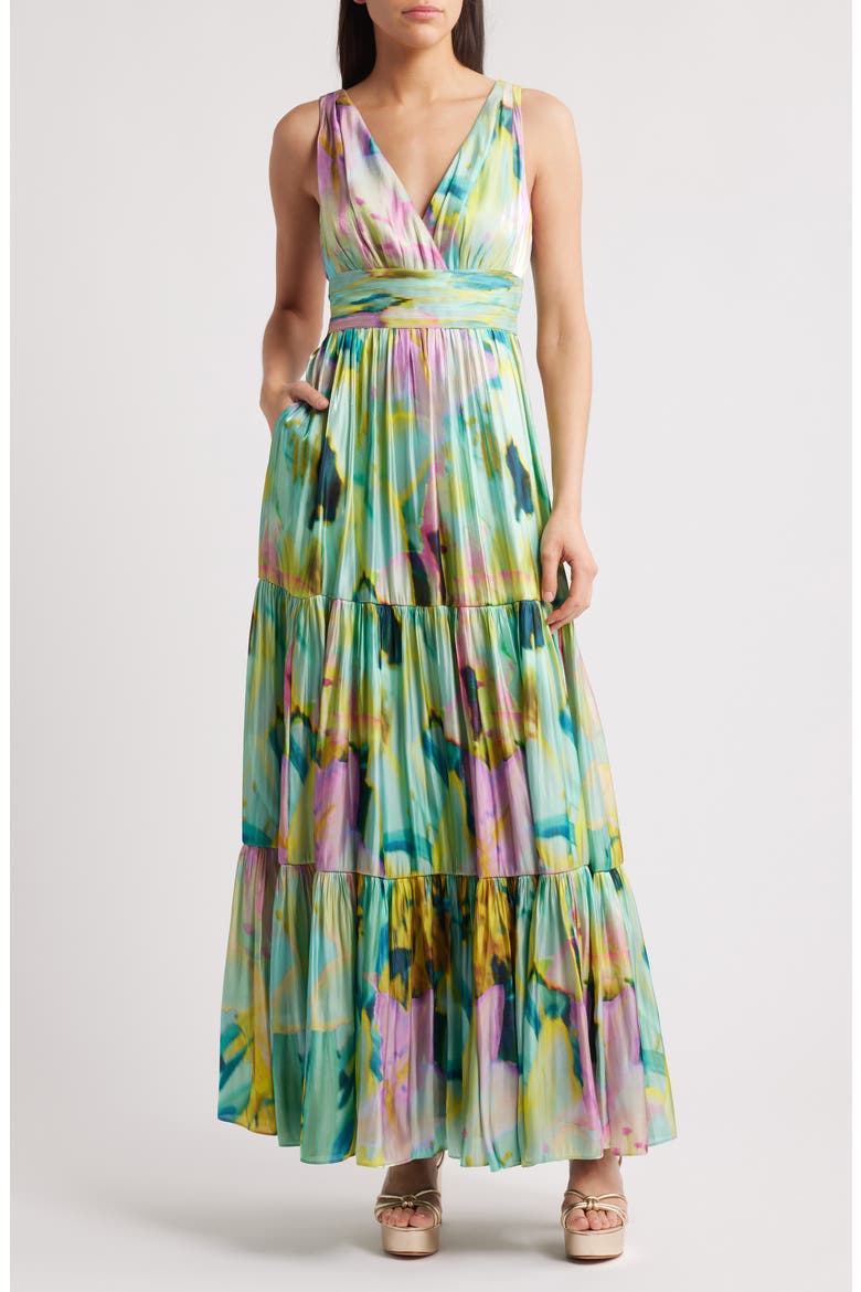 Britt Pleated Satin Gown, Main, color, CAPRI MULTI