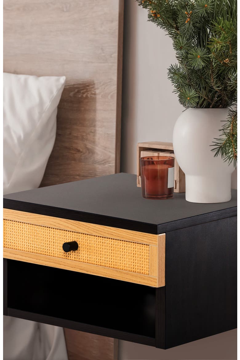 Celerie Bohemian Wall Mounted Floating Nightstand, Bedside Table with Woven Storage Drawer Open Cubby, Alternate, color, Black/Light Oak