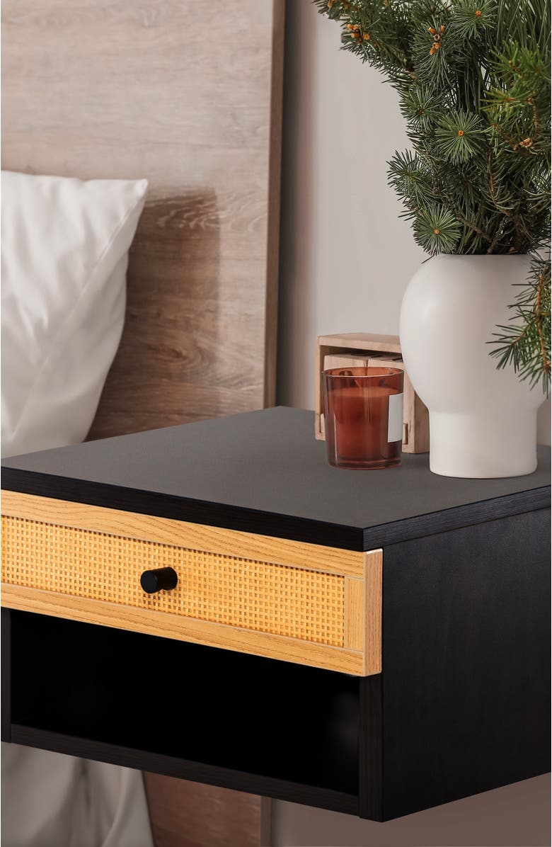 JONATHAN Y Celerie Bohemian Wall Mounted Floating Nightstand, Bedside Table with Woven Storage Drawer Open Cubby, Alternate, color, Black/Light Oak