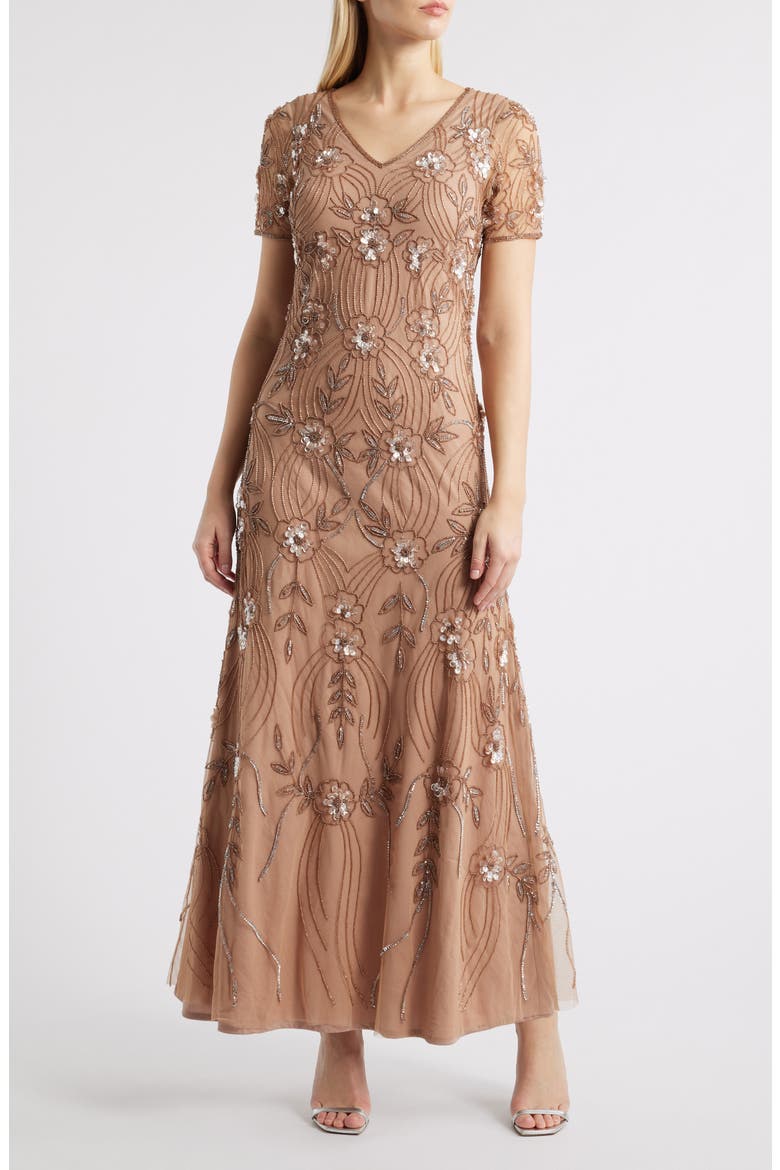 Beaded Tulle Gown, Main, color, MOCHA