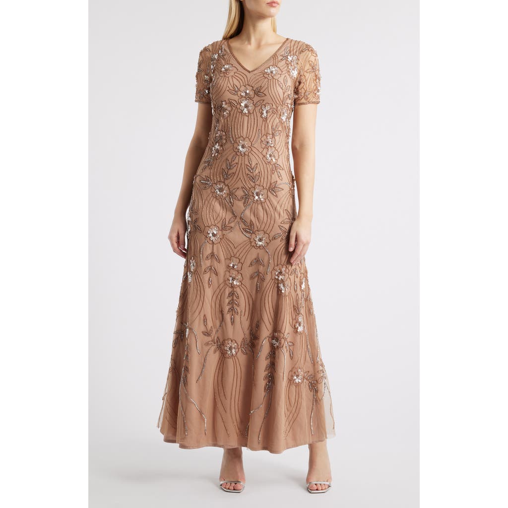 Pisarro Nights Beaded Tulle Gown In Mocha