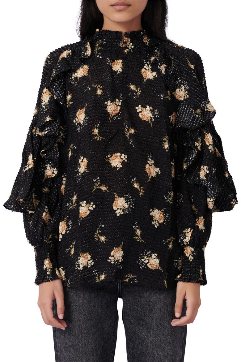 Floral Ruffle Long Sleeve Top, Main, color, GRUNGE FLOWERS BLACK CAMEL