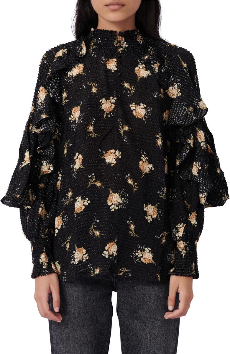 maje Floral Ruffle Long Sleeve Top, Main, color, 
