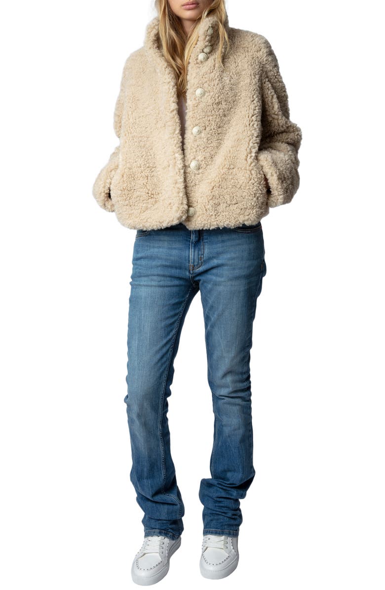 Zadig & Voltaire Fino Soft Curly Faux Fur Teddy Jacket, Alternate, color, Mastic