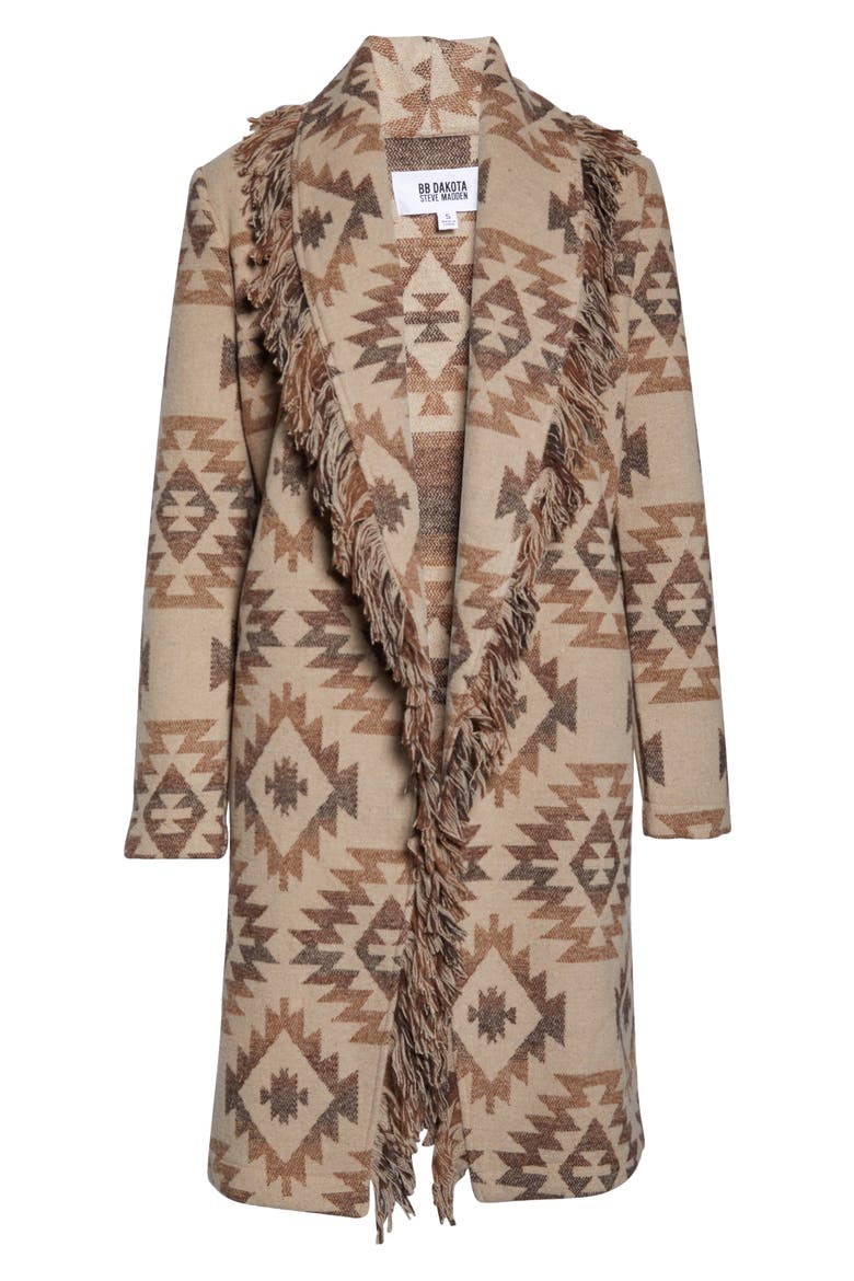 Fringe Shawl Collar Coat, Alternate, color, BROWN AZTEC