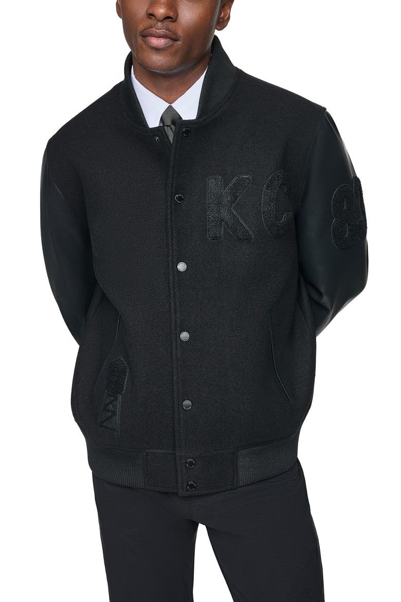 Faux Wool Varsity Bomber Jacket, Alternate, color, BLACK