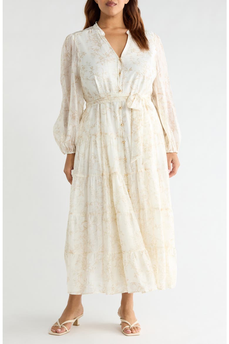 Floral Long Sleeve Tiered Shirtdress, Main, color, CAMEL
