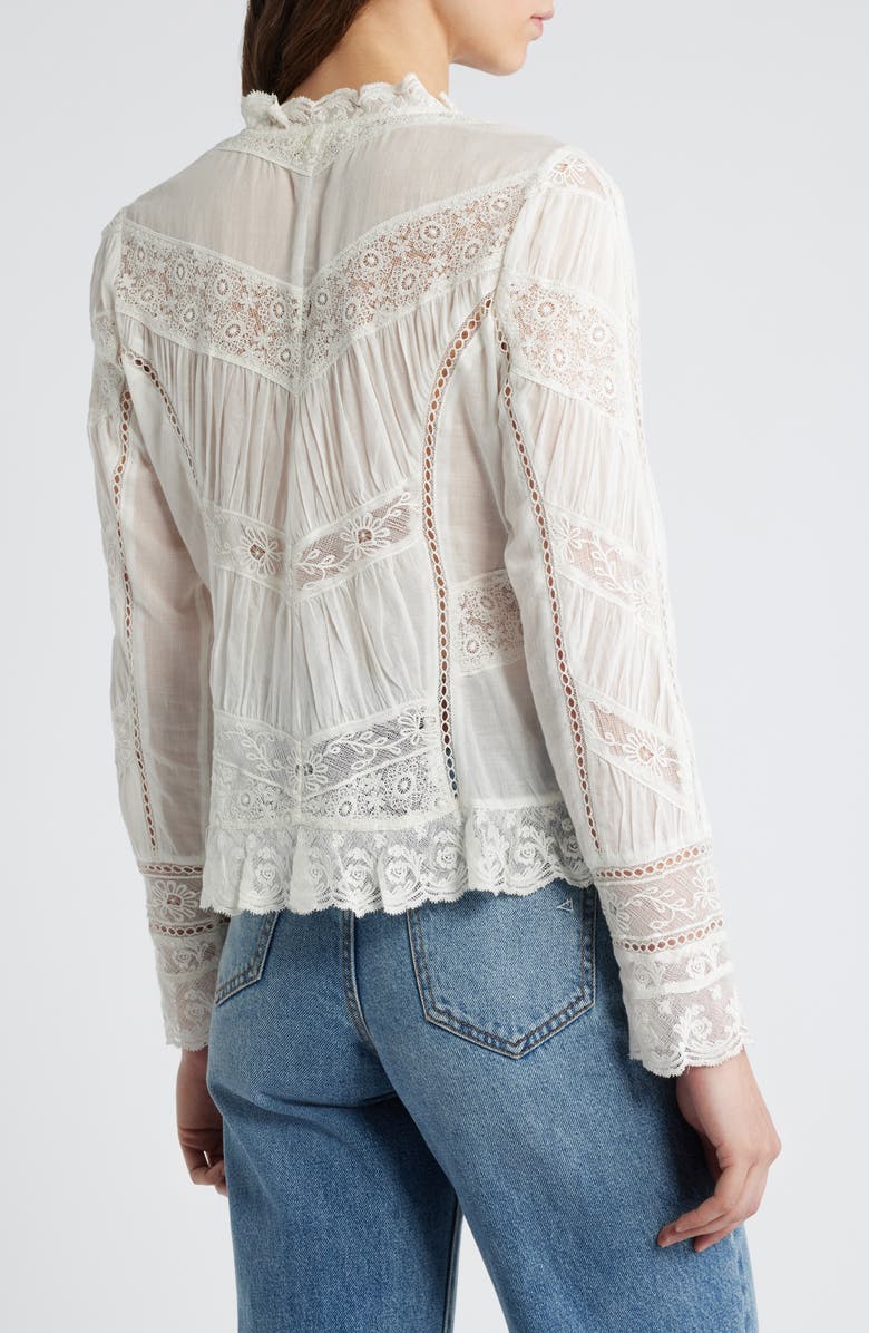 LoveShackFancy Beline Lace Inset Cotton Button-Up Shirt, Alternate, color, 