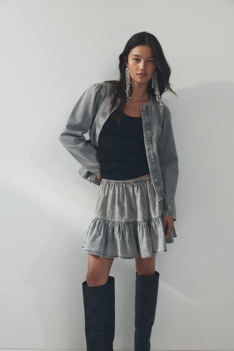 Puff-sleeved Denim Jacket, Alternate, color, Washed gray