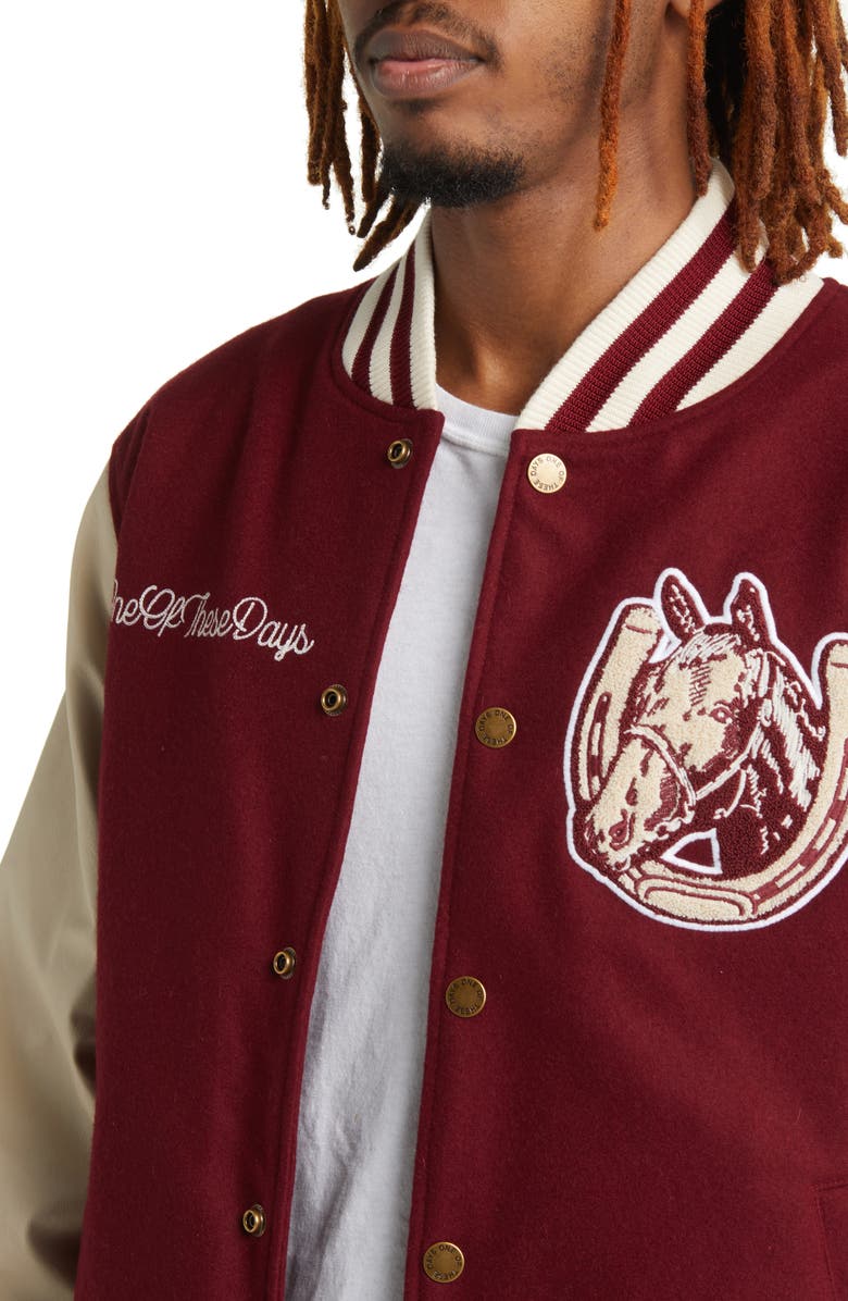 ONE OF THESE DAYS Horseshoe Cardinal Wool & Leather Varsity Bomber Jacket, Alternate, color,