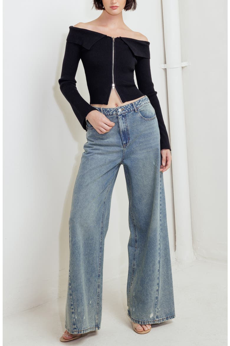 Off the Shoulder Zip Ribbed Cropped Sweater, Alternate, color, BLACK