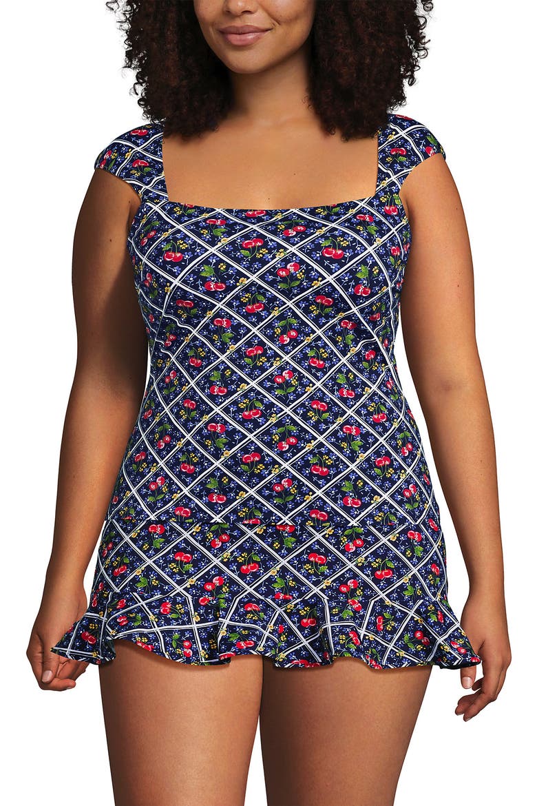 Plus Size Square Neck Underwire Tankini Top, Main, color, Cherries/Deep Sea Navy Plaid