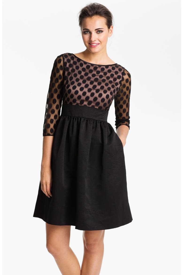 Dot Mesh Bodice Fit & Flare Dress, Main, color, BLACK
