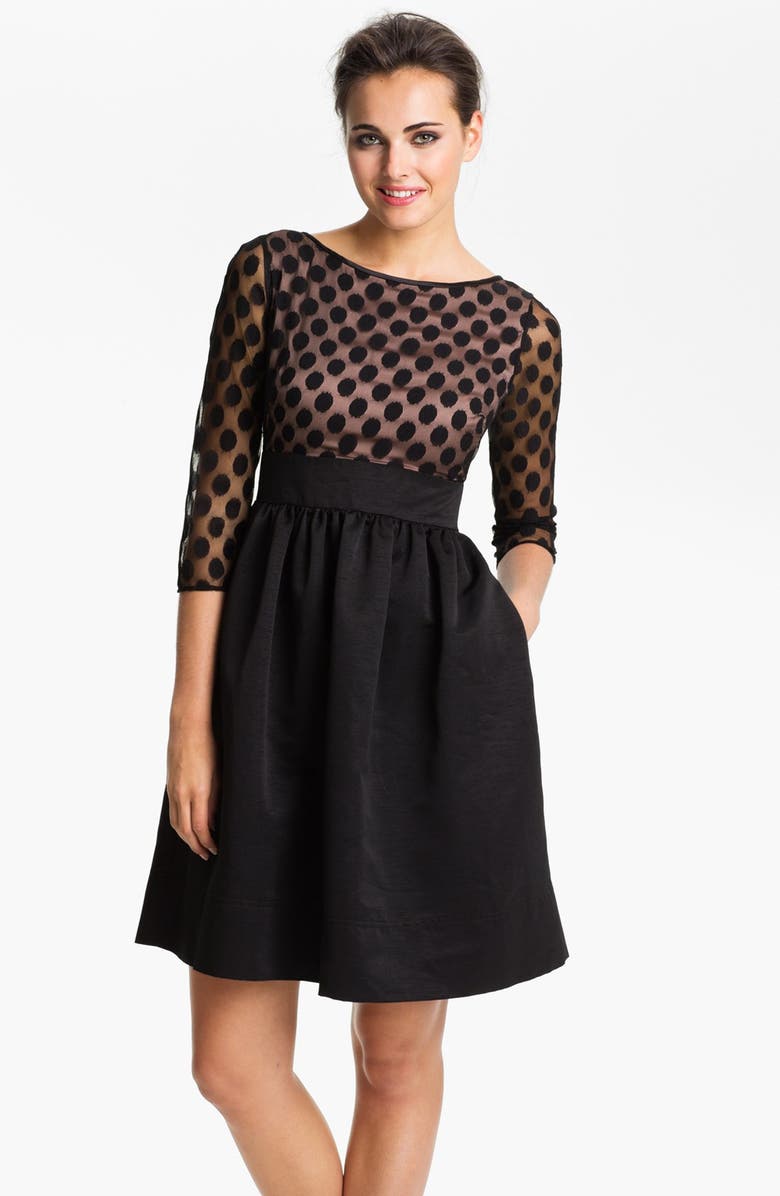 Eliza J Dot Mesh Bodice Fit & Flare Dress, Main, color, 