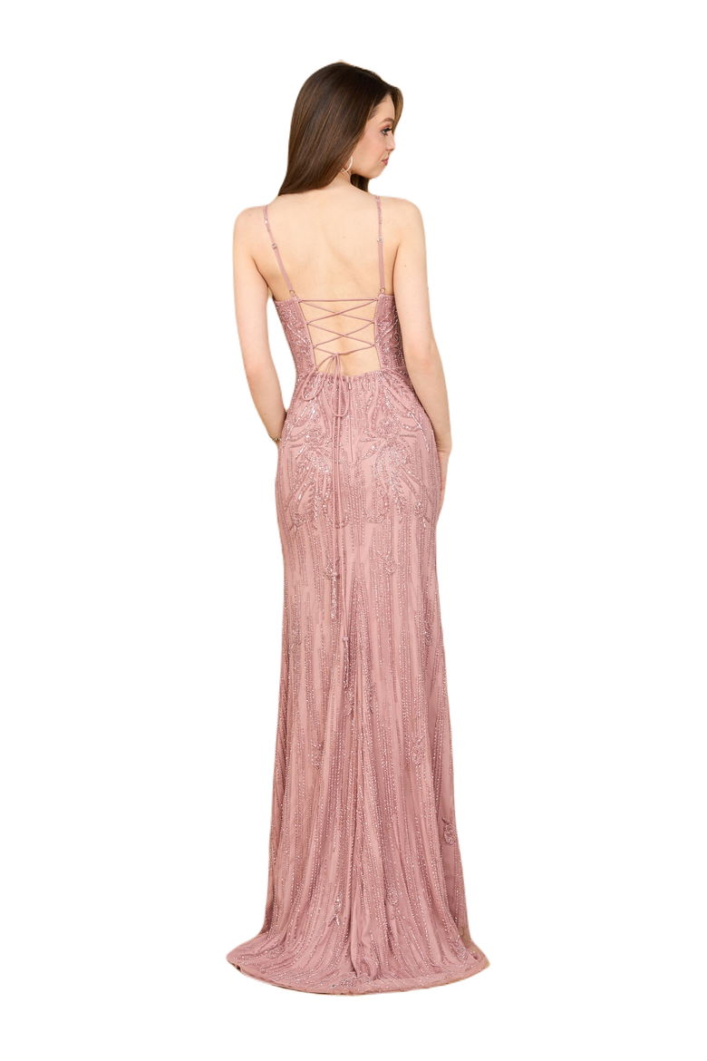 Beaded Lace-up Dress with Slit, Alternate, color, Cashmere