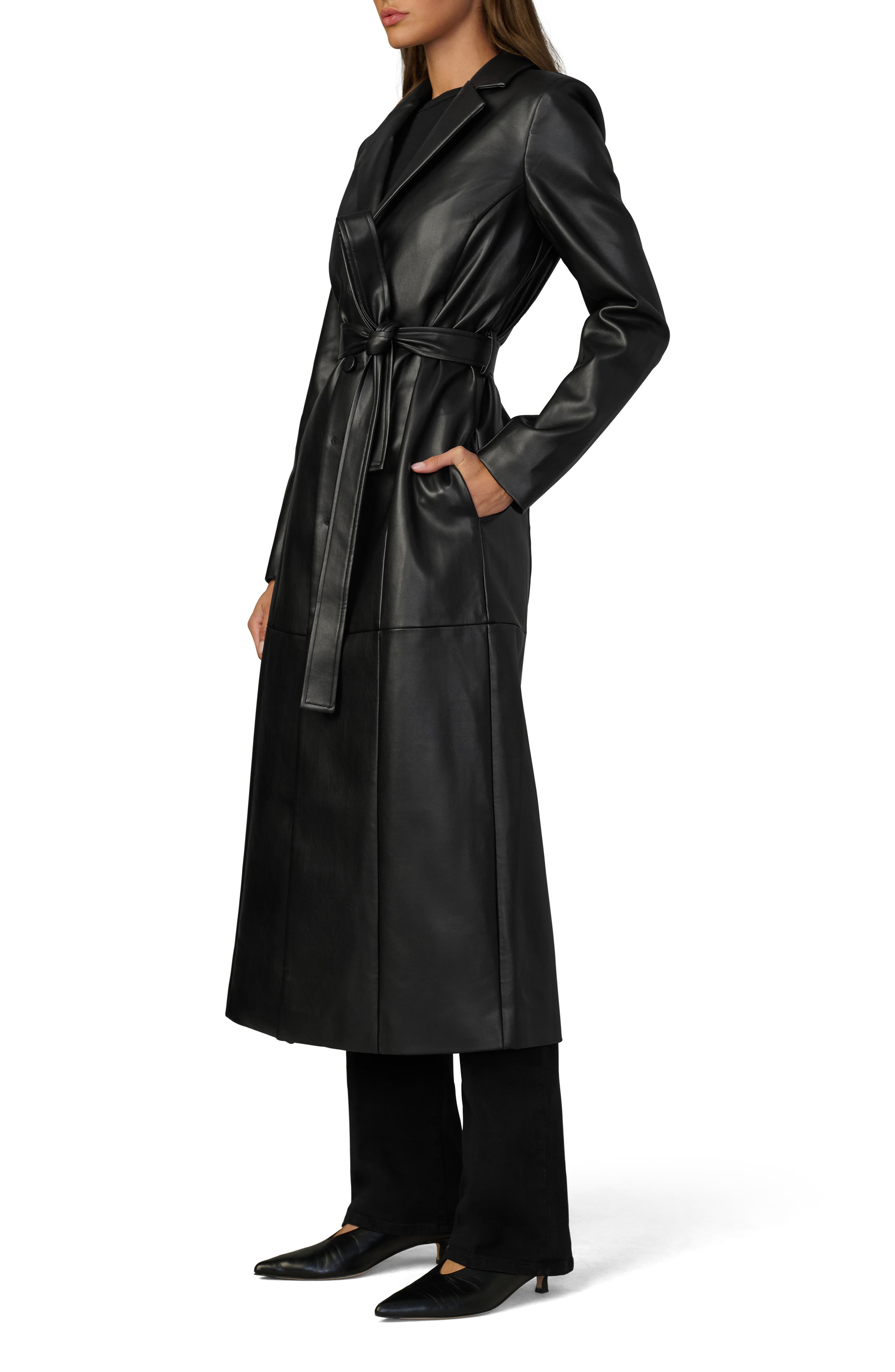 leather dress coat women Perforated faux leather trench coat | Black | Women