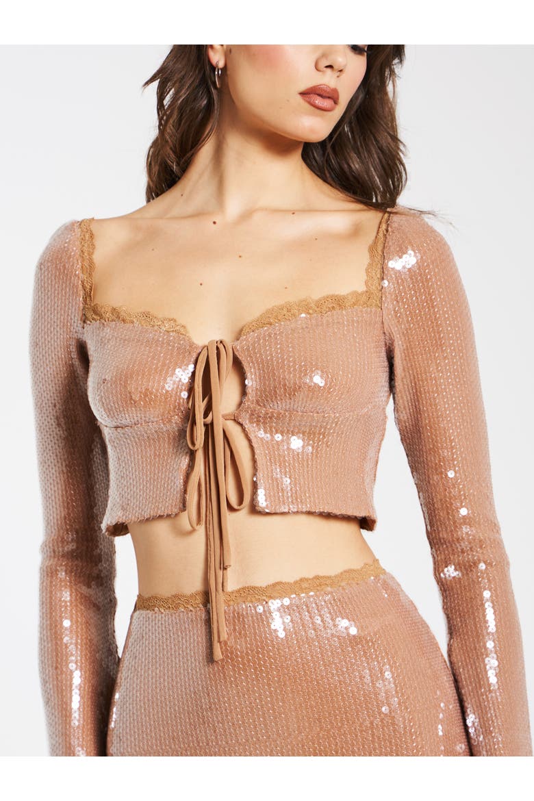 Ollie Sequin Lace Up Top With Lace Trim, Alternate, color, Nude