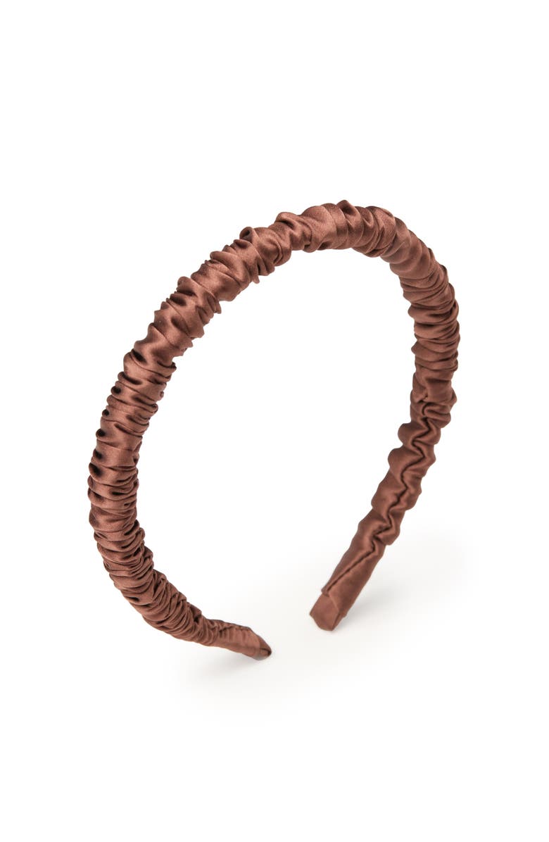 OLAH Scrunched Silk Skinny Headband, Main, color, Coffee
