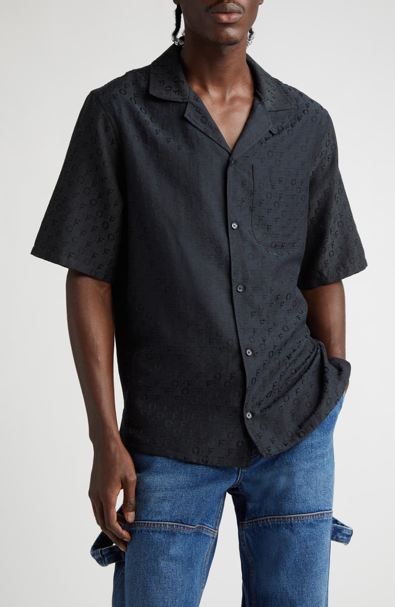 Off-White Jacquard Logo Short Sleeve Silk Blend Camp Shirt, Main, color, 