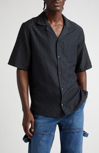 Off-White Jacquard Logo Short Sleeve Silk Blend Camp Shirt Off-White Jacquard Logo Short Sleeve Silk Blend Camp Shirt