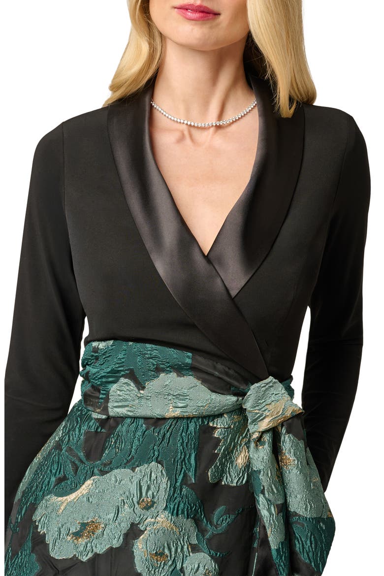 Long Sleeve Floral Jacquard Gown, Alternate, color, BLACK/ EMERALD