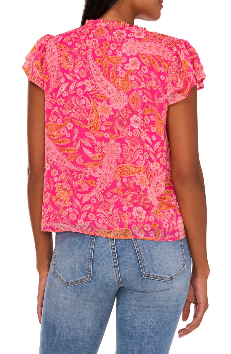 CeCe Print Smocked Shoulder Top, Alternate, color, Bright Rose Pink