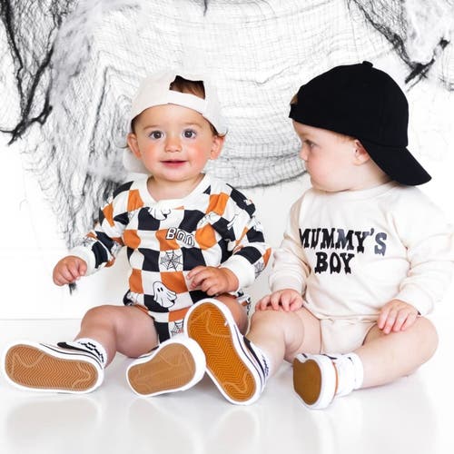 Sweet Wink Boo Checkered Halloween Long Sleeve Romper In Neutral
