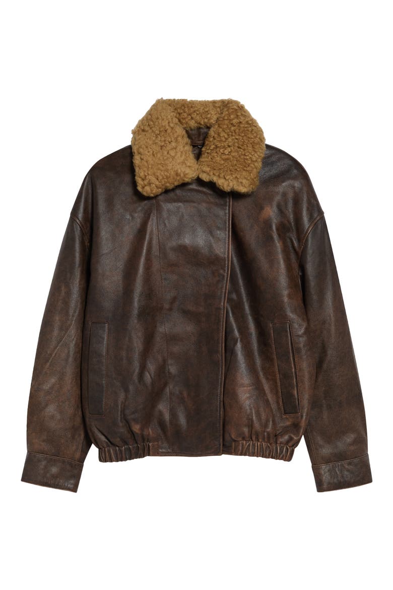 Leather Bomber Jacket with Removable Genuine Shearling Collar, Main, color, BROWN