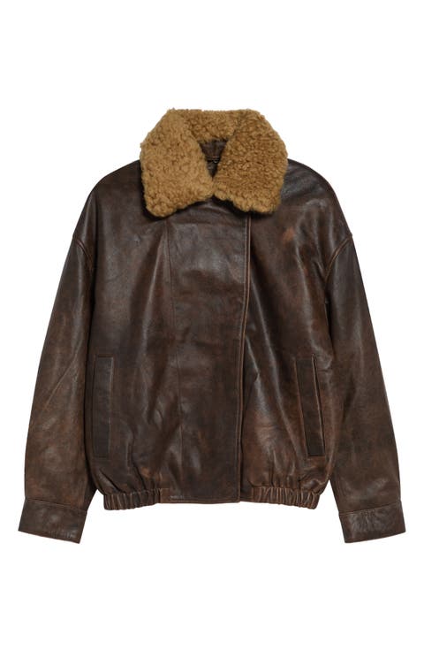 Leather Bomber Jacket with Removable Genuine Shearling Collar