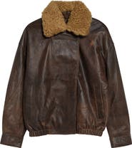 R13 Leather Bomber Jacket with Removable Genuine Shearling Collar