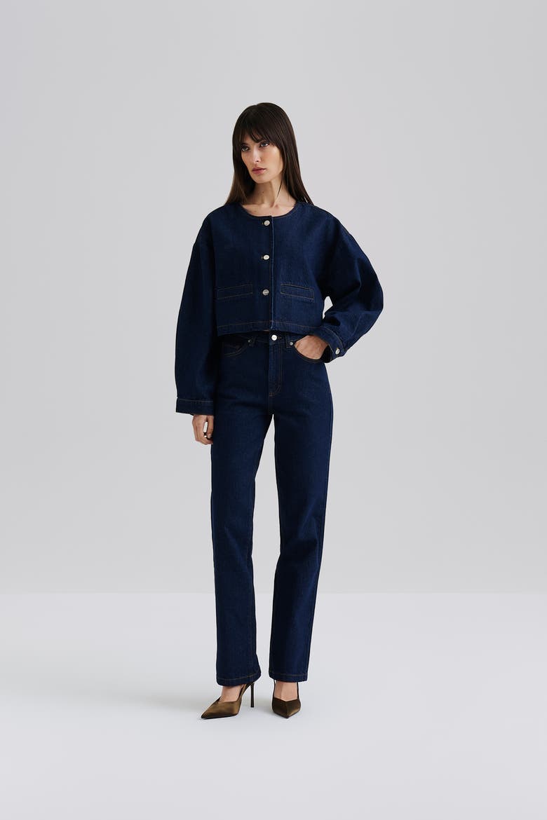 Elowen Cropped Long Sleeve Denim Jacket, Alternate, color, Unwashed Dark Blue