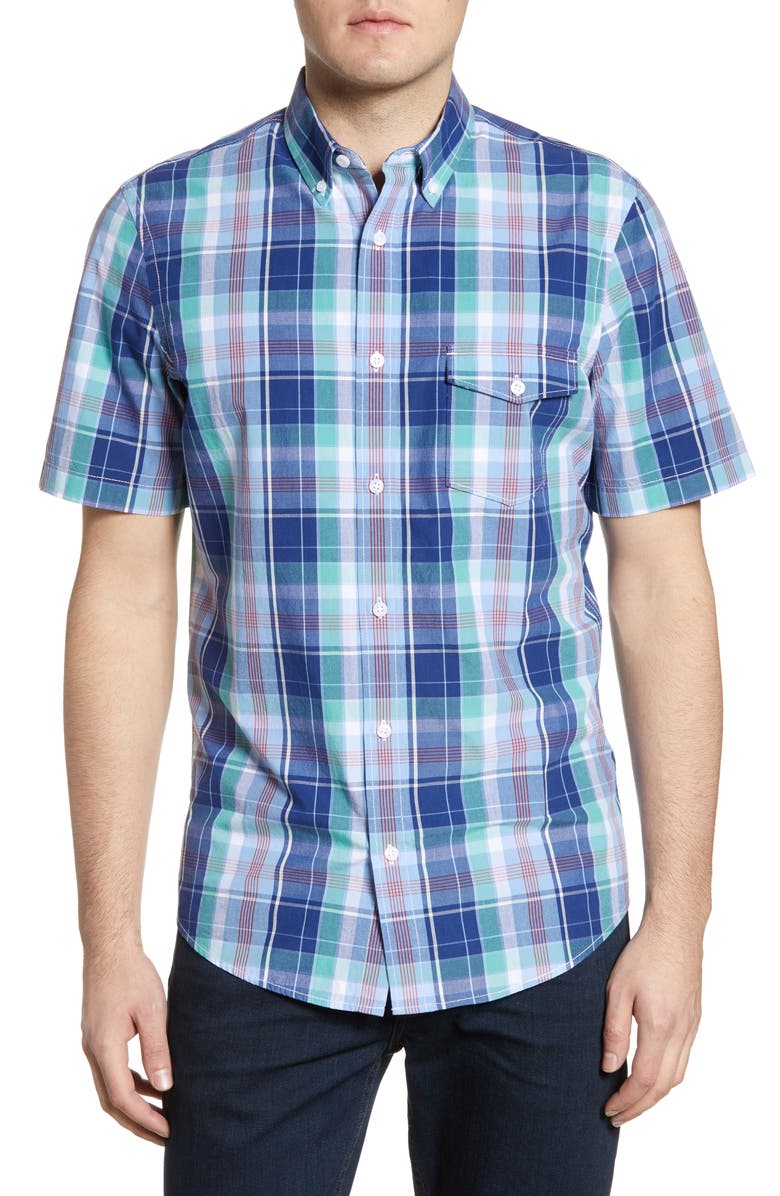 NORDSTROM MEN'S SHOP Regular Fit Plaid Short Sleeve Button-Down Linen Blend Shirt, Main, color,