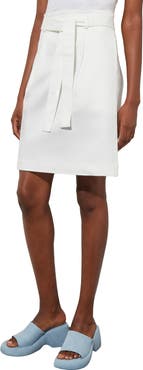 Ming Wang Belted Pleated A-Line Twill Skirt