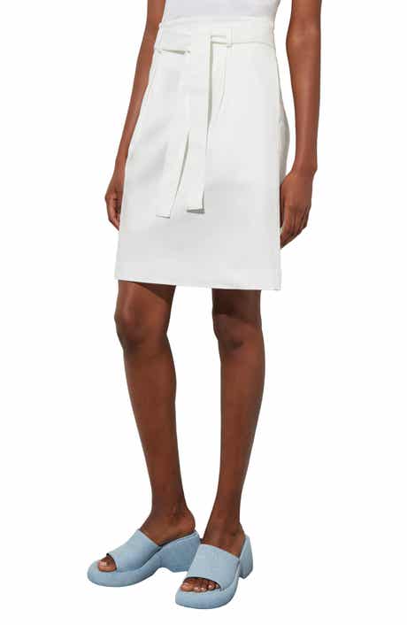 Ming Wang Belted Pleated A-Line Twill Skirt